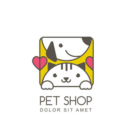 outline illustration of cute muzzle of cat and smiling dog. icon design template. Square shape label. Trendy concept for pet shop or veterinary.のイラスト素材