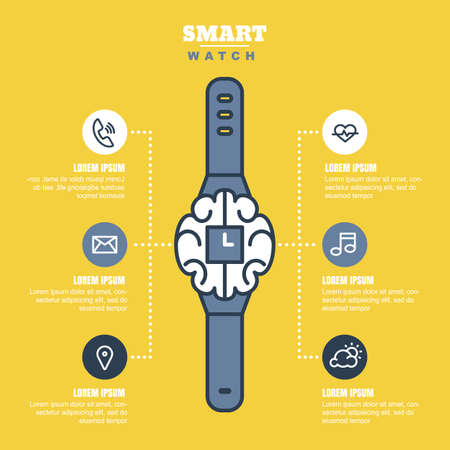 Smart watch infographics or presentations template with outline icons set. flat illustration. Design concept for modern technology and innovation, business, electronic gadget and device.のイラスト素材
