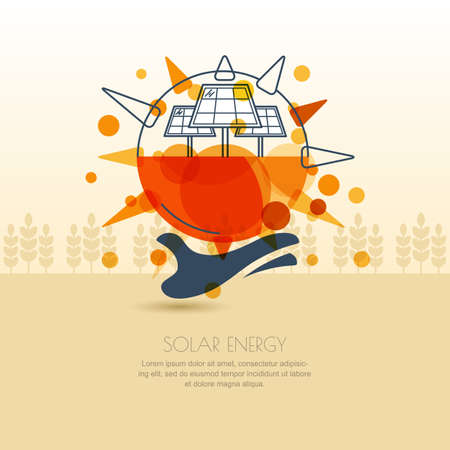 Human hand holding sun with solar battery. outline illustration of solar alternative energy generator. Background design for save earth day. Environmental and ecology business concept.のイラスト素材