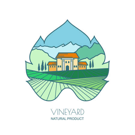 Green landscape with vineyard fields, villa, mountains in grapes leaf shape. Outline vector illustration of rural landscape. Design concept for wine list, bar or restaurant menu, labels and package.のイラスト素材