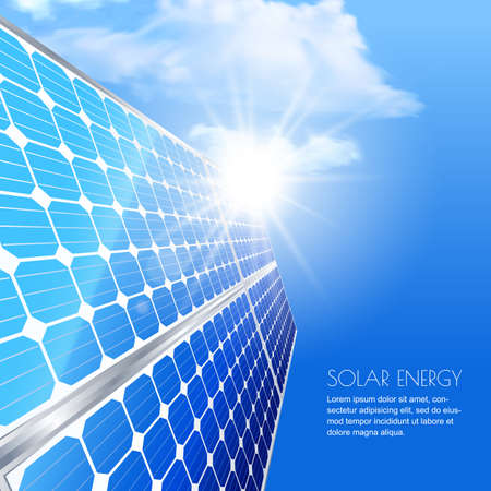 Alternative renewable solar energy and environmental concept. Template for banner, brochure, presentation. Close up of solar battery, power generation technology. Realistic vector illustration.のイラスト素材