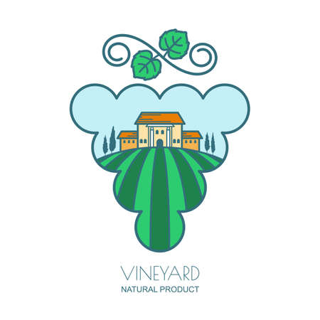 Green landscape with vineyard fields, villa, trees in grape berries shape. Outline vector illustration of rural landscape. Concept for wine list, labels, package, agriculture and harvesting grapes.のイラスト素材