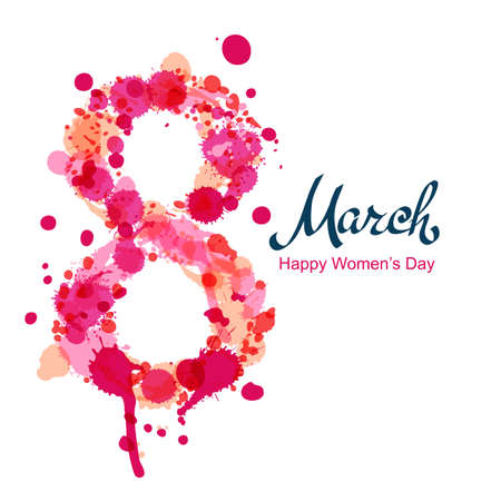 8 March square greeting card, International Women's Day. Number eight made from pink watercolor blots and splashes, isolated on white background. Vector hand drawn lettering illustration.のイラスト素材