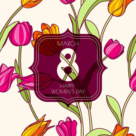 8 March greeting card, International Women's Day. Vector seamless pattern with pink and yellow tulip flowers. Colorful spring floral background.のイラスト素材