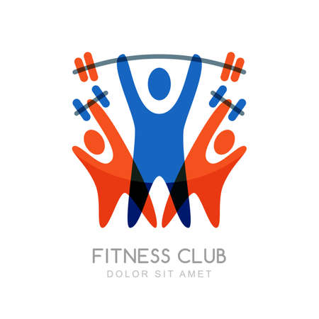 Vector logo design template for fitness or bodybuilding. Abstract illustration of colorful sport people with barbell and dumbbells. Creative concept for sport club, competitions and healthy lifestyleのイラスト素材