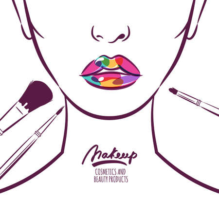 Vector illustration of young woman face with colorful lips and makeup brushes.  Abstract hand drawn background. Concept for beauty salon, cosmetics label, cosmetology procedures, visage and makeup.のイラスト素材