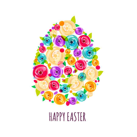 Easter greeting card with egg made from colorful abstract rose flowers.  Spring holiday hand drawn background. Easter creative egg isolated on white background.のイラスト素材