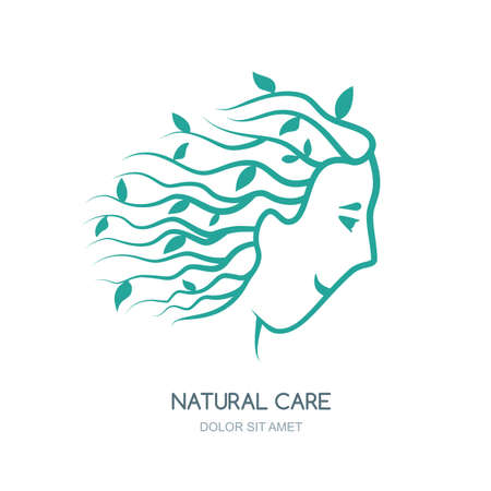 Beautiful woman with green leaves in hair. Vector, label design element. Concept for beauty salon, natural and organic cosmetics, cosmetology procedures, massage and spa. Hand drawn illustrationのイラスト素材