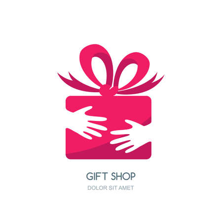design for holidays and gift shop. Hands holding pink gift box with ribbon. Negative space flat icon.のイラスト素材