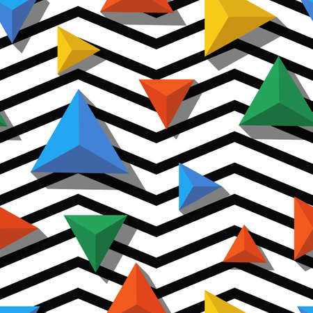 Vector seamless geometric pattern. Multicolor triangles and black, white zigzag background. Design...