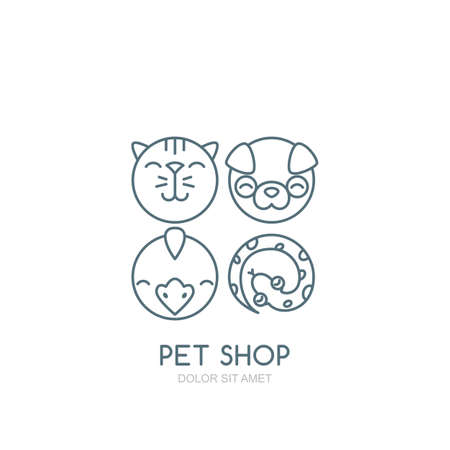 Vector outline illustration of dog head, cat muzzle, bird and snake.のイラスト素材