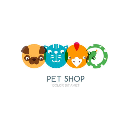 Colorful flat icons of dog head, cat muzzle, bird and snake.のイラスト素材