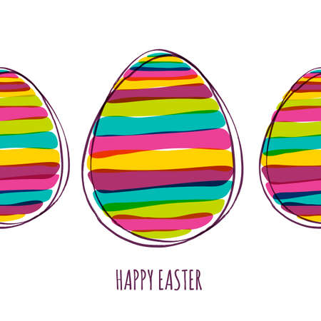 Happy Easter greeting card. Horizontal seamless background with multicolor striped eggs. Banner, poster vector design elements.のイラスト素材