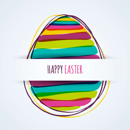 Happy Easter greeting card. Horizontal paper background with multicolor striped egg. Banner, poster vector design elements.のイラスト素材