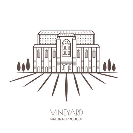 Tuscany landscape with vineyard fields and villa. Linear vector illustration of rural landscape. Trendy concept for wine list, bar or restaurant menu, labels and package.のイラスト素材