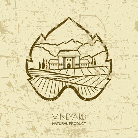 Tuscany landscape with vineyard fields, villa, mountains in grapes leaf shape. Vector rural landscape on grunge background. Concept for wine list, bar or restaurant menu, labels and package.のイラスト素材