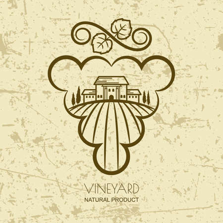 Tuscany landscape with vineyard fields, villa, trees in grape berries shape. Vector rural landscape on grunge background. Concept for wine list, bar or restaurant menu, labels and package.のイラスト素材