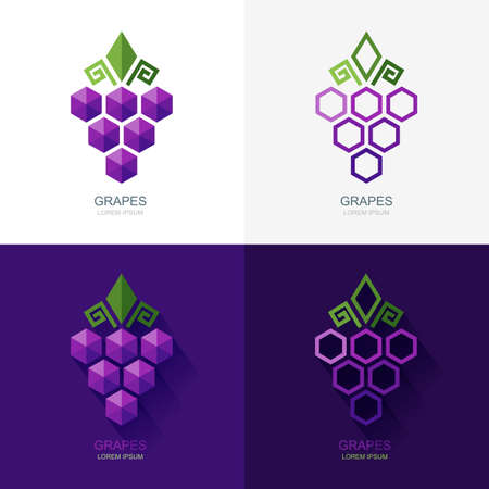Set of vector grapes  , icon, label elements. Flat grape isolated symbol. Geometric shape grapes vine made from hexagons. Concept for winery, wine menu. Alcohol drinks and food technology.のイラスト素材