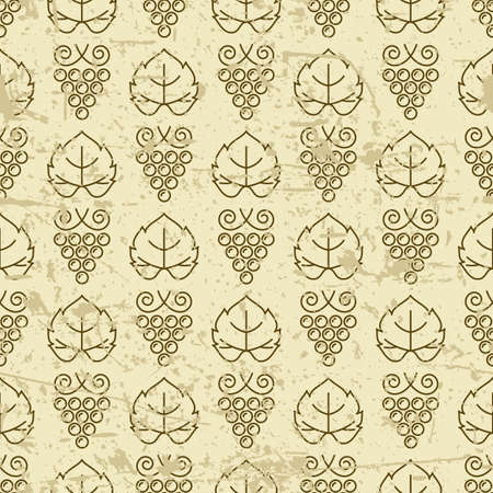 Vector seamless pattern with outline vine grape and grape leaves. Grunge old background. Design for print, package, wrapping paper, winery, wine list, alcohol drinks production.のイラスト素材