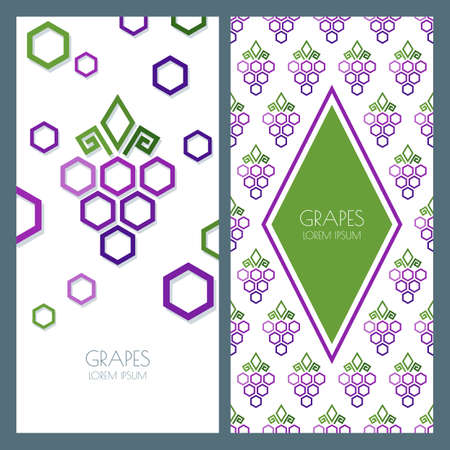 Vector abstract seamless pattern and background with geometric shape grapes vine made from hexagons. Concept for winery, wine list. Banner, flyer, label, identity design template with copyspace.のイラスト素材