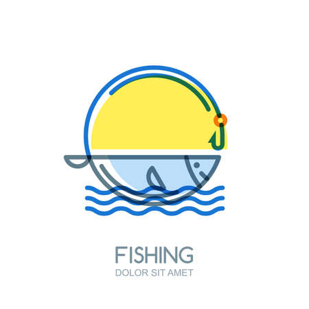 Vector fishing, label, badge or emblem design elements. Linear multicolor isolated illustration. Sun, fish in the river, fishing rod and hook..のイラスト素材