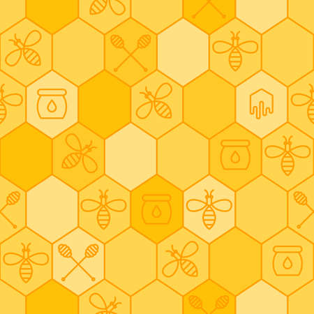 Vector seamless honey pattern. Outline bees, honeycombs, honey dipper symbol. Simple yellow...