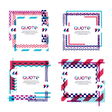 Vector set of quote forms template, isolated. Multicolor trendy background. Blank colorful speech bubbles with geometric pattern or texture. Business template for text information and print design.のイラスト素材