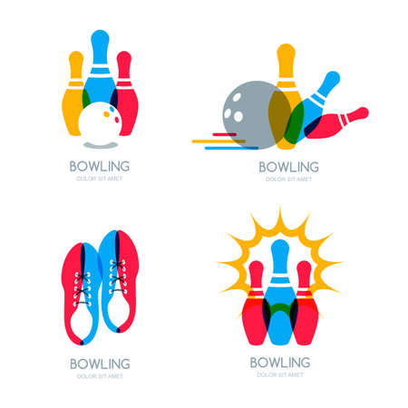 Set of vector colorful bowling, icons and symbol. Bowling ball, bowling pins and shoes illustration. Trendy design elements, isolated on white background.のイラスト素材