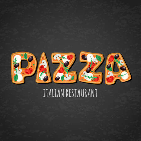 Vector design template for italian restaurant menu, cafe, pizzeria. Letters made from pizza on black chalkboard background. Creative food lettering. Slices of pizza with tomato, olives, mushrooms.のイラスト素材