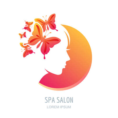 Female face in circle shape. Woman with butterflies in hair. Vector beauty floral logo, sign, label design elements. Trendy concept for beauty salon, massage, spa, natural cosmetics.のイラスト素材