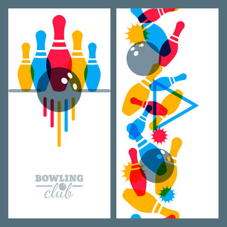 Set of bowling banner, poster, flyer or label design elements. Vertical seamless multicolor background. Abstract vector illustration of bowling game. Colorful bowling ball, bowling pins.のイラスト素材