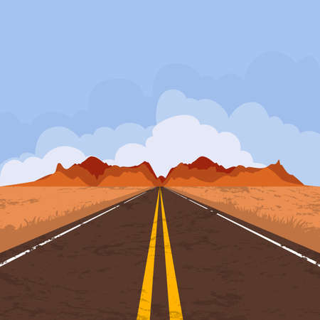 Vector illustration of highway in desert and mountains. Summer landscape with empty road and blue sky. Country street road, flat style illustration. Nature background.のイラスト素材