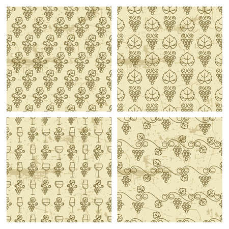 Set of vector seamless vintage pattern with outline vine grapes and wine glass. Grunge old background. Design for print, package, wrapping paper, winery, wine list, alcohol drinks production.のイラスト素材