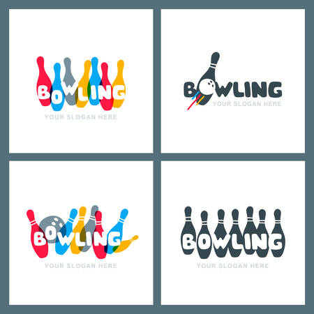 Set of vector hand drawn bowling logo, icons and emblems. Doodle colorful lettering. Bowling ball and bowling pins symbol. Trendy design for bowling center, tournament or championship.のイラスト素材