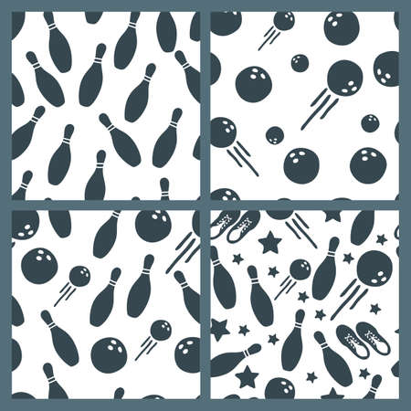 Set of vector bowling seamless pattern. Hand drawn doodle black and white backgrounds. Bowling ball, bowling pins, shoes illustration. Design for fashion textile print, wrapping, web background.のイラスト素材