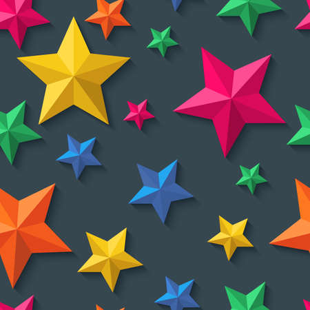 Vector seamless pattern with 3d stylized paper stars on black background. Holiday, night party colorful background.のイラスト素材