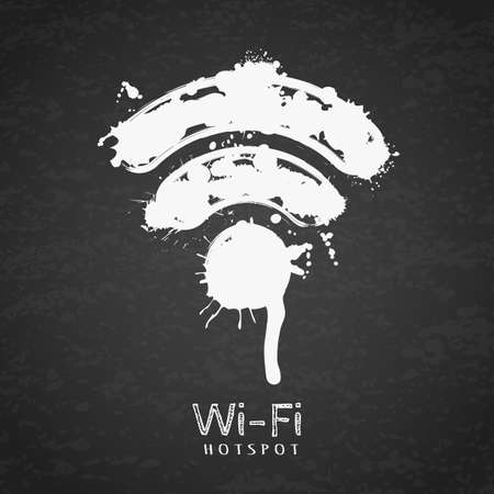 Vector watercolor illustration of wi-fi zone icon on black chalkboard background. Free wi-fi hotspot, hand drawn sign. Creative internet symbol. Wireless connection.のイラスト素材