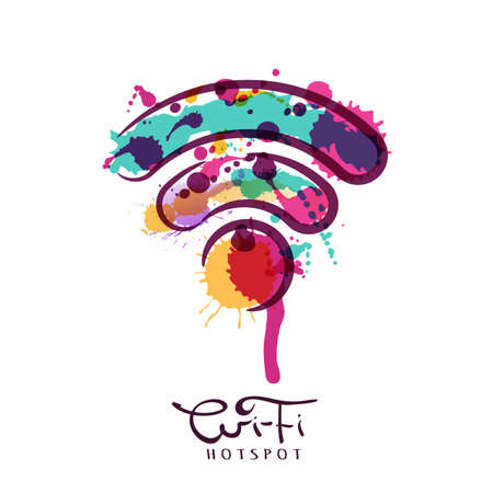 Vector watercolor illustration of wi-fi zone icon. Abstract watercolor splashes background. Free wi-fi hotspot, colorful sign. Creative internet symbol. Wireless connection.のイラスト素材