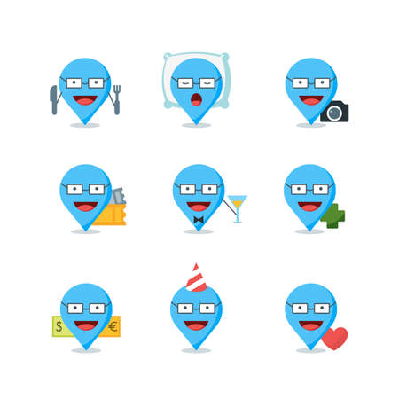 Set of travel markers, signs and icons. Pin mapping marks with human in different locations. Travel and tourism design elements. Creative map waypoints illustration.のイラスト素材