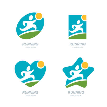 Set of human  label, icon, design elements. Running man silhouette on spring or summer landscape background. Concept for sports club, fitness, competition, marathon and healthy lifestyle.のイラスト素材