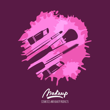 illustration of makeup tools, brushes, mascara and lipstick on watercolor splash background. Beauty and skincare concept. Watercolor design for cosmetics labelsのイラスト素材