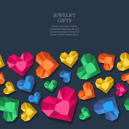 seamless black background with multicolor heart diamonds, gems, jewels. Design for jewelry shop, accessories, prints. Abstract background for holiday, poster, web, gift cards.のイラスト素材