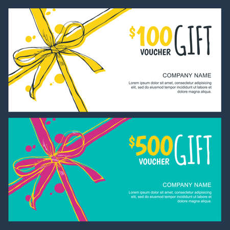 gift vouchers with bow ribbons, white and blue backgrounds. Creative holiday cards or banners. Design concept for gift coupon, invitation, certificate,  ticket.のイラスト素材