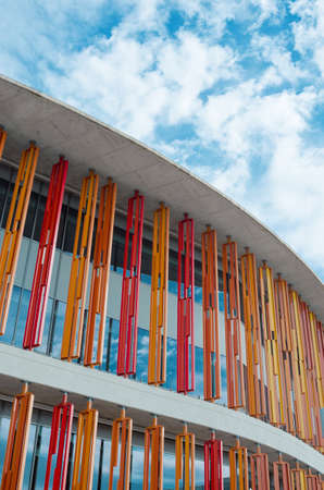 Zaragoza, Spain - September 15, 2015: Close up of modern building wall. Architectural texture background. Concrete and glass house. Detail of expo pavillion in city Zaragoza, Spain.のeditorial素材