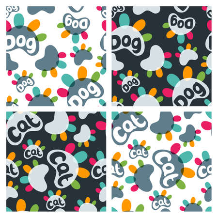 Set of vector seamless pattern with colorful cat and dog paws and hand drawn letters. Concept for pet shop, zoo shop, pets care and goods for animals.のイラスト素材