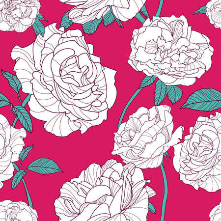 Vector summer background with white outline rose flowers. Floral seamless pattern. Hand drawn roses. Design concept for fabric design, textile print, wrapping paper or web backgrounds.のイラスト素材