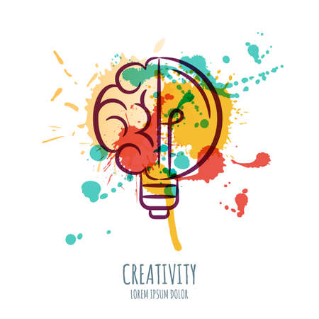 Vector watercolor illustration of brain and light bulb. Abstract watercolor background with human brain and bulb. Design concept for business solutions, high technology, development or creativity.のイラスト素材