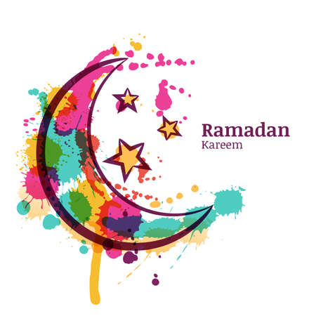 Ramadan greeting card with watercolor decorative moon and stars. Ramadan Kareem. Design concept for muslim ramadan holiday. Vector arabian holiday watercolor background.のイラスト素材