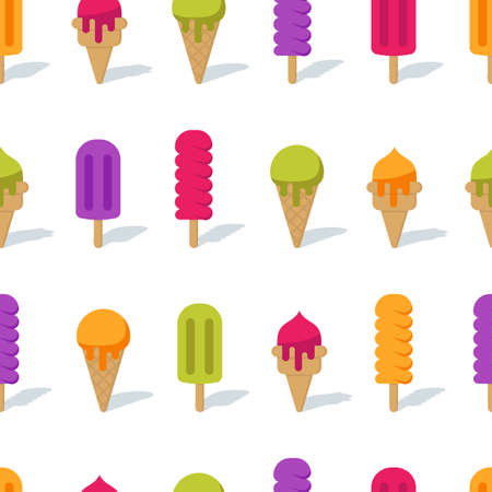 Vector seamless background with multicolor cones ice cream and ice lolly. Ice cream or frozen yogurt pattern. Design for summer print, wrapping paper, web backgrounds, cafe and desserts.のイラスト素材