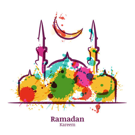 Ramadan Kareem greeting card with watercolor illustration of mosque and moon. Vector ramadan holiday watercolor background. Design concept for muslim ramadan holiday.のイラスト素材